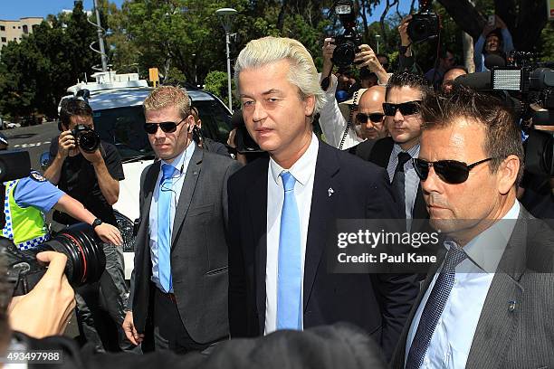 Dutch MP Geert Wilders departs from a press conference outside the Western Australian Parliament House on October 21, 2015 in Perth, Australia. Mr...