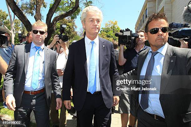 Geert Wilders departs the ALA media conference on October 21, 2015 in Perth, Australia. Mr Wilders launched the anti-Islam Australian Liberty...