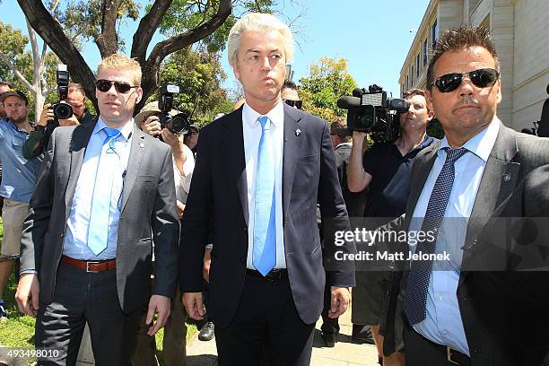 Geert Wilders departs the ALA media conference on October 21, 2015 in Perth, Australia. Mr Wilders launched the anti-Islam Australian Liberty...