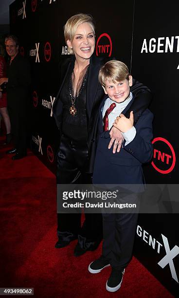 Actress Sharon Stone and son Laird Vonne Stone attend the premiere of TNT's "Agent X" at The London West Hollywood on October 20, 2015 in West...