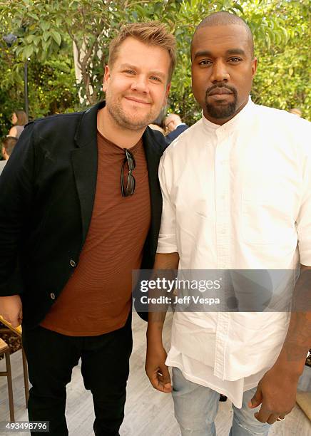 Personality James Corden and recording artist Kanye West attend CFDA/Vogue Fashion Fund Show and Tea at Chateau Marmont on October 20, 2015 in Los...