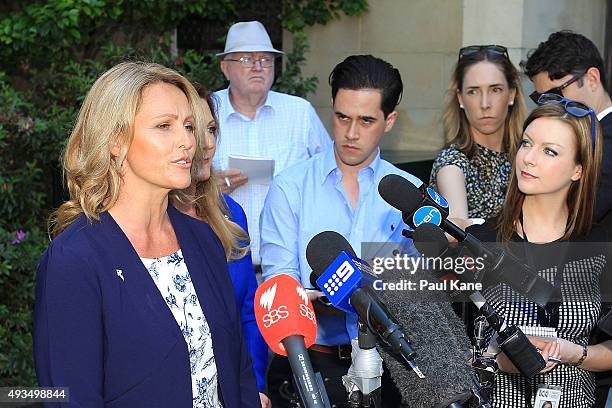 Australian Liberty Alliance Senate Candidate Kirralie Smith addresses a press conference outside the Western Australian Parliament House on October...