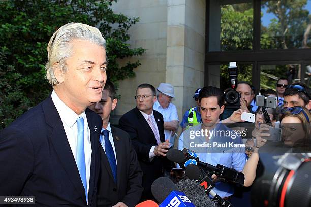 Dutch MP Geert Wilders talks to the media during a press conference outside the Western Australian Parliament House on October 21, 2015 in Perth,...