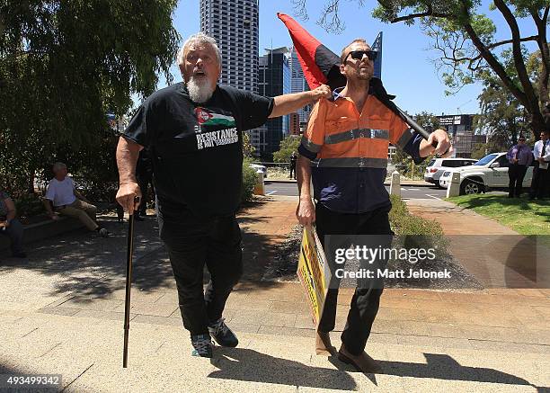 Protesters arrive at the Australian Liberty Alliance press conference on October 21, 2015 in Perth, Australia. Mr Wilders launched the anti-Islam...