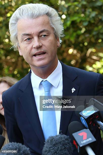 Geert Wilders speaks to media during the Australian Liberty Alliance press conference on October 21, 2015 in Perth, Australia. Mr Wilders launched...