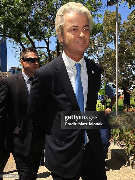 Geert Wilders arrives to the Australian Liberty Alliance press conference on October 21, 2015 in Perth, Australia. Mr Wilders launched the anti-Islam...