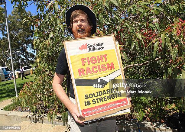 Protesters arrive at the Australian Liberty Alliance press conference on October 21, 2015 in Perth, Australia. Mr Wilders launched the anti-Islam...