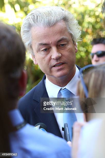 Geert Wilders speaks to media during the Australian Liberty Alliance press conference on October 21, 2015 in Perth, Australia. Mr Wilders launched...