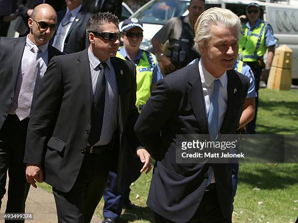 Geert Wilders arrives for the Australian Liberty Alliance press conference on October 21, 2015 in Perth, Australia. Mr Wilders launched the...