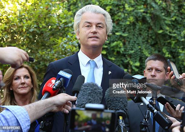 Australian Liberty Alliance candidate Debbie Robinson, Geert Wilders and Bernard Gaynor during a media conference on October 21, 2015 in Perth,...