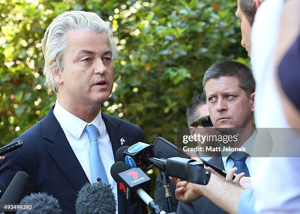 Geert Wilders speaks to media during the Australian Liberty Alliance press conference on October 21, 2015 in Perth, Australia. Mr Wilders launched...