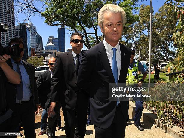 Geert Wilders arrives to the Australian Liberty Alliance press conference on October 21, 2015 in Perth, Australia. Mr Wilders launched the anti-Islam...