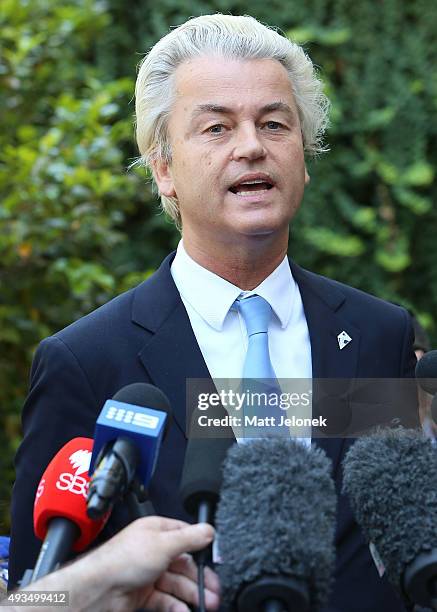 Geert Wilders speaks to media during the Australian Liberty Alliance press conference on October 21, 2015 in Perth, Australia. Mr Wilders launched...