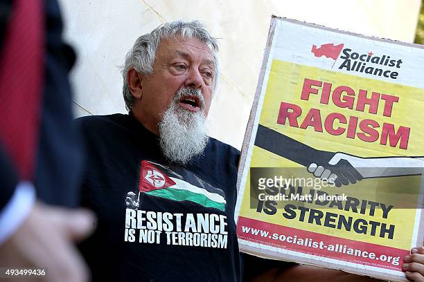 Protester during the Australian Liberty Alliance press conference on October 21, 2015 in Perth, Australia. Mr Wilders launched the anti-Islam...