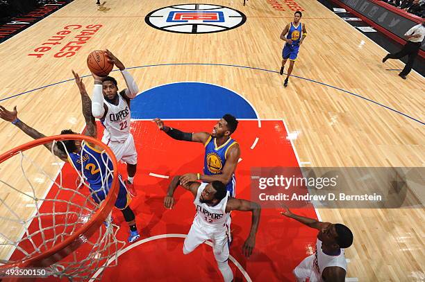 Branden Dawson of the Los Angeles Clippers shoots against the Golden State Warriors on October 20, 2015 at STAPLES Center in Los Angeles, California....