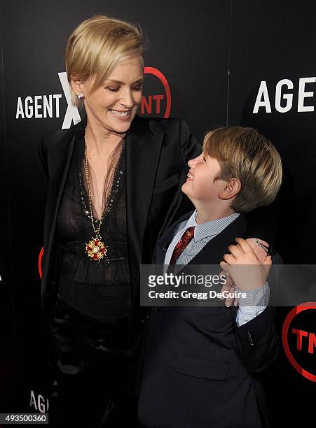 Actress Sharon Stone and son Laird Vonne Stone arrive at the premiere of TNT's "Agent X" at The London West Hollywood on October 20, 2015 in West...