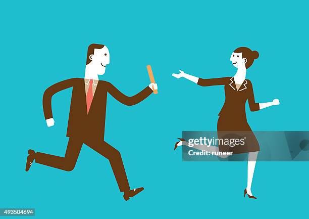 businessman passes baton to businesswoman | new business concept - passing sport stock illustrations