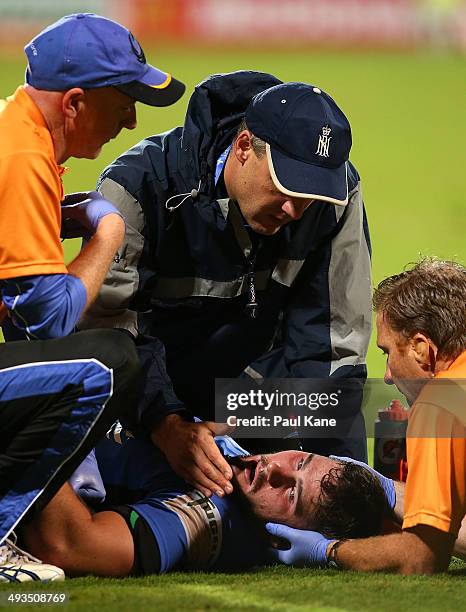 Medical staff perform tests on Nathan Charles of the Force during the round 15 Super Rugby match between the Western Force and the Lions at nib...