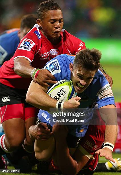 Zack Holmes of the Force dives to the try line during the round 15 Super Rugby match between the Western Force and the Lions at nib Stadium on May...