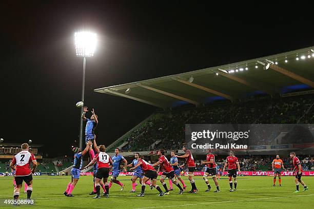 Ben McCalman of the Force wins a line-out during the round 15 Super Rugby match between the Western Force and the Lions at nib Stadium on May 24,...