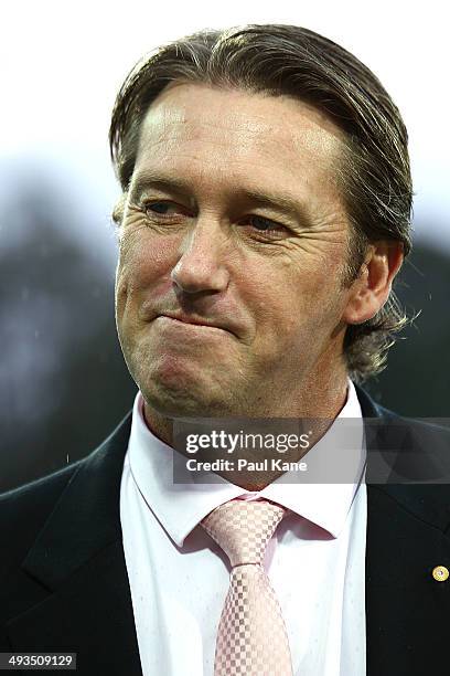 Former Australian cricketer and McGrath Foundation founder Glenn McGrath looks on before the start of the round 15 Super Rugby match between the...