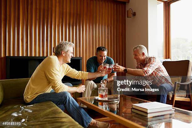 male friends toasting alcohol glasses at home - ウイスキー ストックフォトと画像