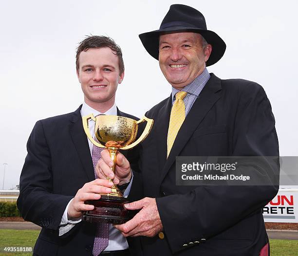 Trainer David Hayes and son Ben Hayes celebrate their win with Almoonqith in race 7 the William Hill Geelong Cup during Geelong Cup Day at Geelong...