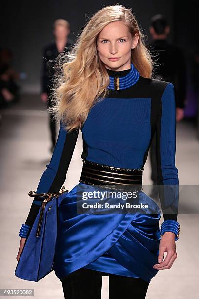 Model Katrin Thormann walks the runway at the BALMAIN X H&M Collection Launch at 23 Wall Street on October 20, 2015 in New York City.