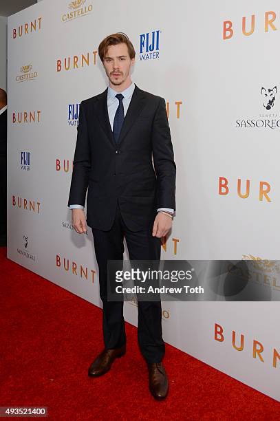 Sam Keeley attends the New York premiere of "BURNT", presented by The Weinstein Company, Sassoregale Wine, Castello Cheese and FIJI Water on October...