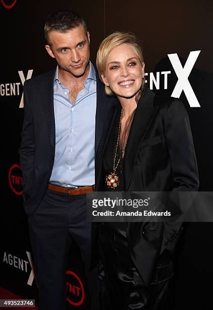 Actress Sharon Stone and actor Jeff Hephner arrive at the premiere of TNT's "Agent X" at The London West Hollywood on October 20, 2015 in West...