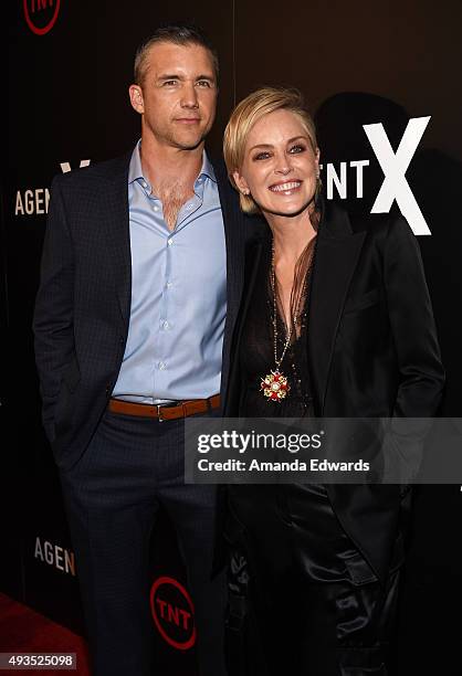 Actress Sharon Stone and actor Jeff Hephner arrive at the premiere of TNT's "Agent X" at The London West Hollywood on October 20, 2015 in West...