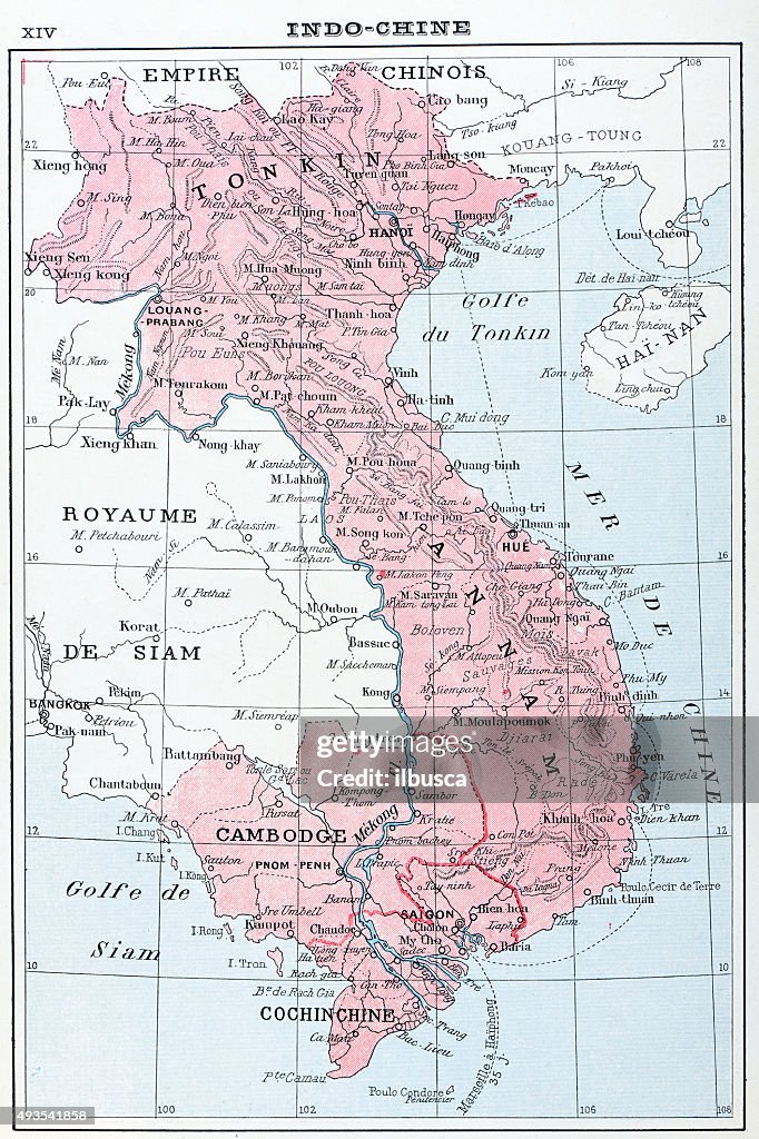 Antique map of Vietnam, Laos, Cambodia and T‫hailand