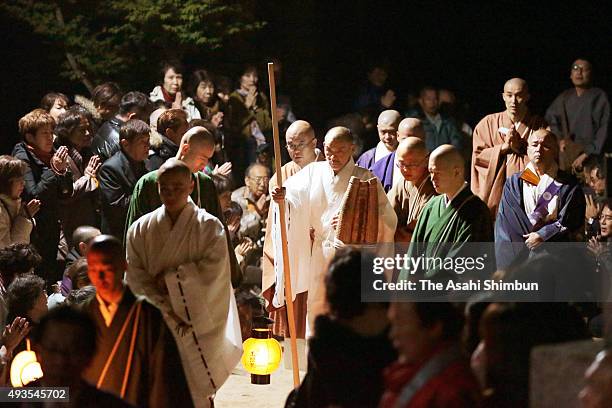 Japanese Buddhist monk Kogen Kamabori leaves the Myo-o-Do hall after completing the 'Doiri', nine day ordeal of chanting sutra 100,000 times without...