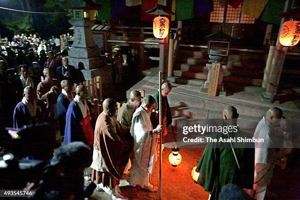 Japanese Buddhist monk Kogen Kamabori leaves the Myo-o-Do hall after completing the 'Doiri', nine day ordeal of chanting sutra 100,000 times without...