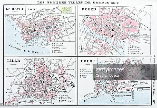 antique map of french cities: le havre, rouen, lille, brest - rouen stock illustrations