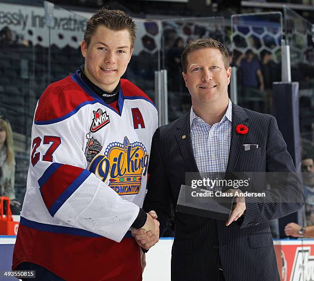 Curtis Lazar of the Edmonton Oil Kings receives the 1st star award after scoring the winning goal in triple overtime against the Val'Dor Foreurs in...