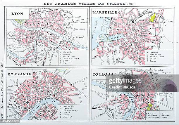 antique map of french cities: lyon, marseille, bordeaux, toulouse - 里昂 法國 幅插畫檔、美工圖案、卡通及圖標