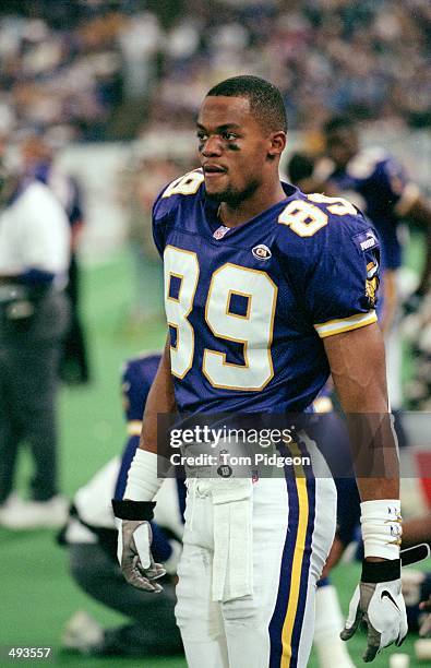 Matthew Hatchette of the Minnesota Vikings looks on from the sidelines during a game against the San Francisco 49ers at the Metrodome in Minneapolis,...