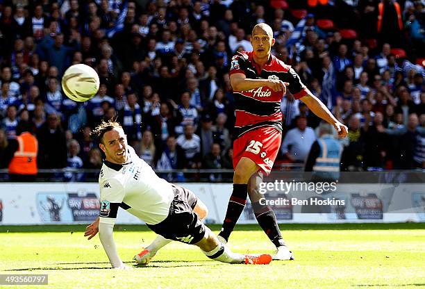 Bobby Zamora of QPR scores the winning goal during the Sky Bet Championship Playoff Final match between Derby County and Queens Park Rangers at...