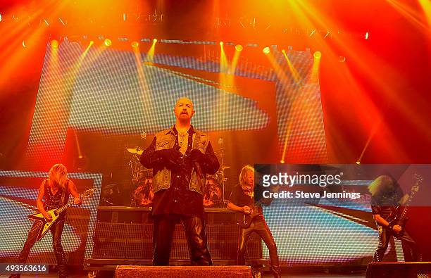 Richie Faulkner, Rob Halford, Glenn Tipton and Ian Hill of Judas Priest perform at The Warfield Theater on October 20, 2015 in San Francisco,...