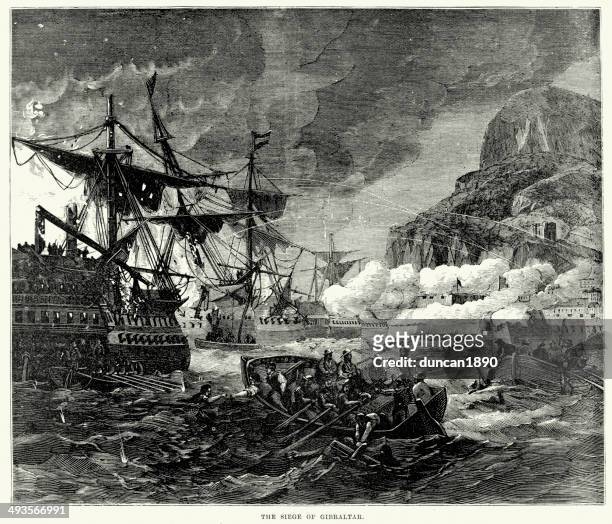 great siege of gibraltar - old battleship stock illustrations