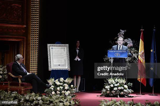 Spanish Prime Minister Mariano Rajoy speaks during the Premio Nueva Economia Forum 2015 ceremony at the Zarzuela Theatre on October 21, 2015 in...