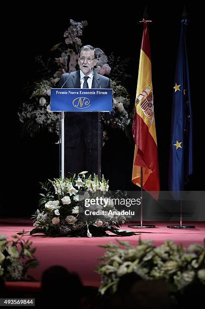 Spanish Prime Minister Mariano Rajoy speaks during the Premio Nueva Economia Forum 2015 ceremony at the Zarzuela Theatre on October 21, 2015 in...