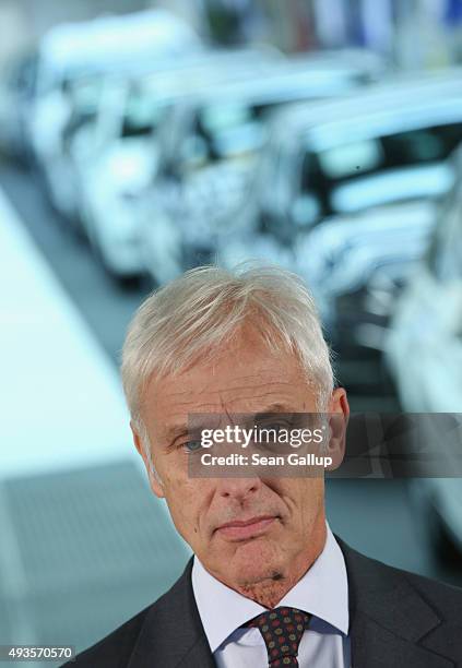 New Volkswagen Group Chairman Matthias Mueller speaks to the media with Volkswagen Work Council head Bernd Osterloh and Lower Saxony Governor Stephan...