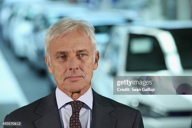 New Volkswagen Group Chairman Matthias Mueller speaks to the media with Volkswagen Work Council head Bernd Osterloh and Lower Saxony Governor Stephan...