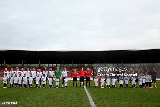 The teams of Germany and of Sweden stand for the nation anthems prior to the Women's International Friendly match between U20 Germany and U20 Sweden...