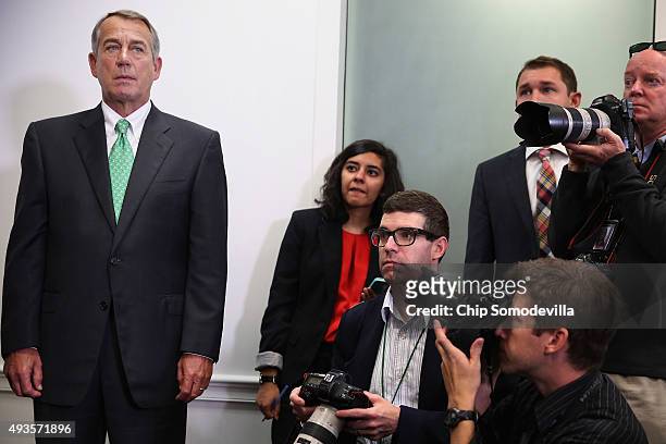 Speaker of the House John Boehner holds a news conference following the weekly House GOP conference meeting in the U.S. Capitol October 21, 2015 in...