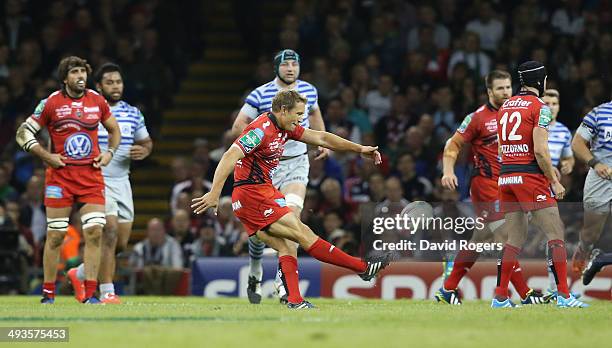 Jonny Wilkinson of Toulon drops a goal during the Heineken Cup Final between Toulon and Saracens at the Millennium Stadium on May 24, 2014 in...