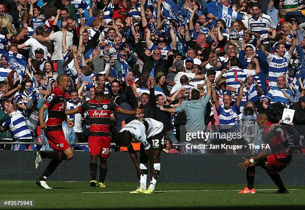 Bobby Zamora of Queens Park Rangers celebrates his goal with team mates during the Sky Bet Championship playoff final match between Derby County and...