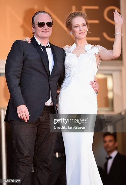 Quentin Tarantino and Uma Thurman attend the Closing Ceremony and "A Fistful of Dollars" screening during the 67th Annual Cannes Film Festival on May...